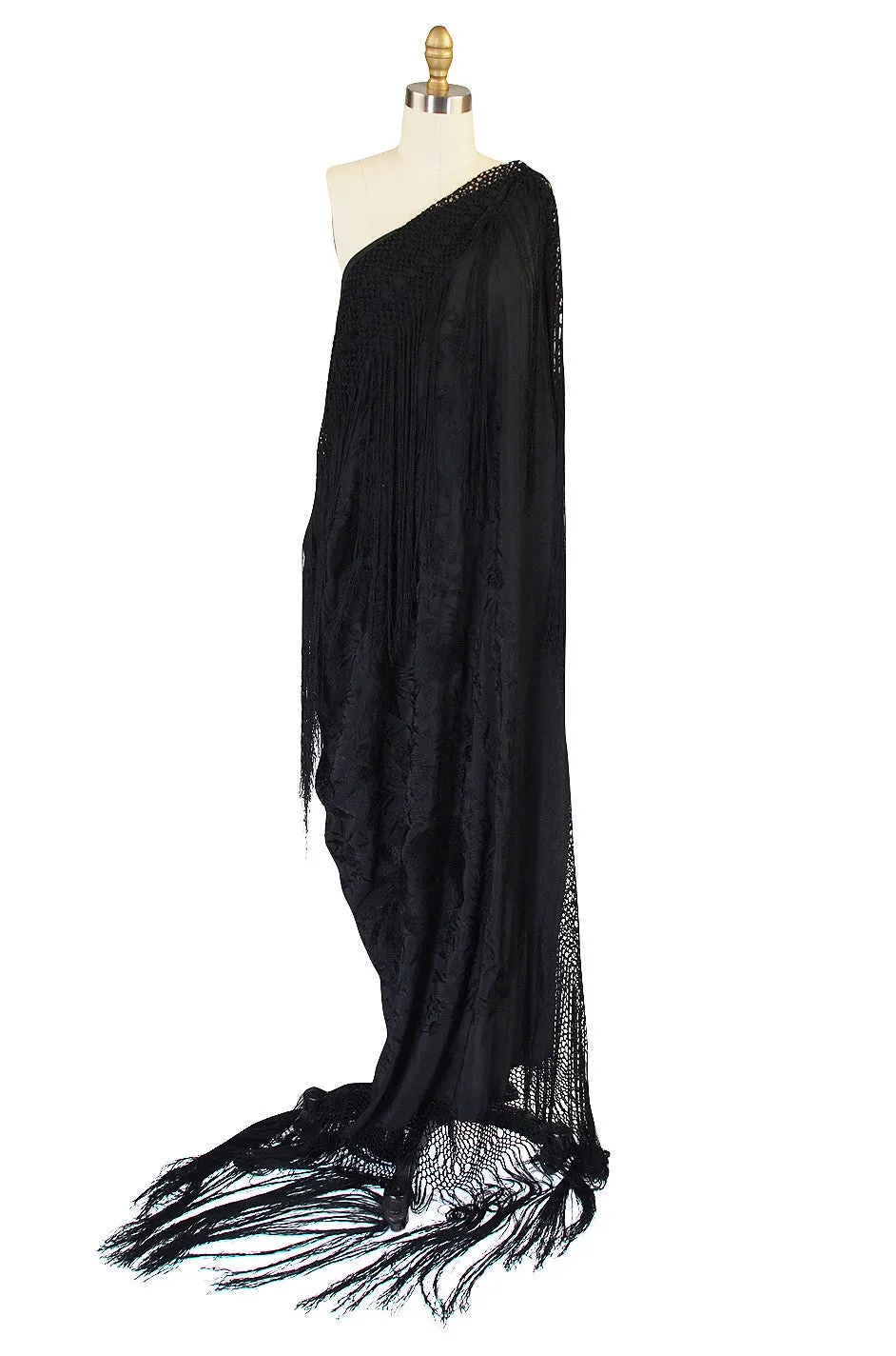 1920s Black on Black Silk Embroidered Piano Shawl