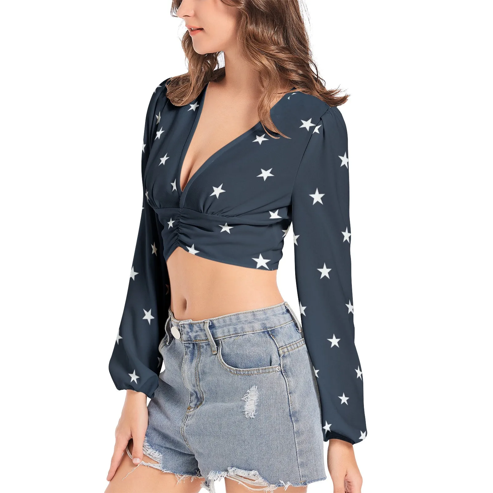 All Stars Women's Deep V-Neck Lantern Sleeve Crop Top