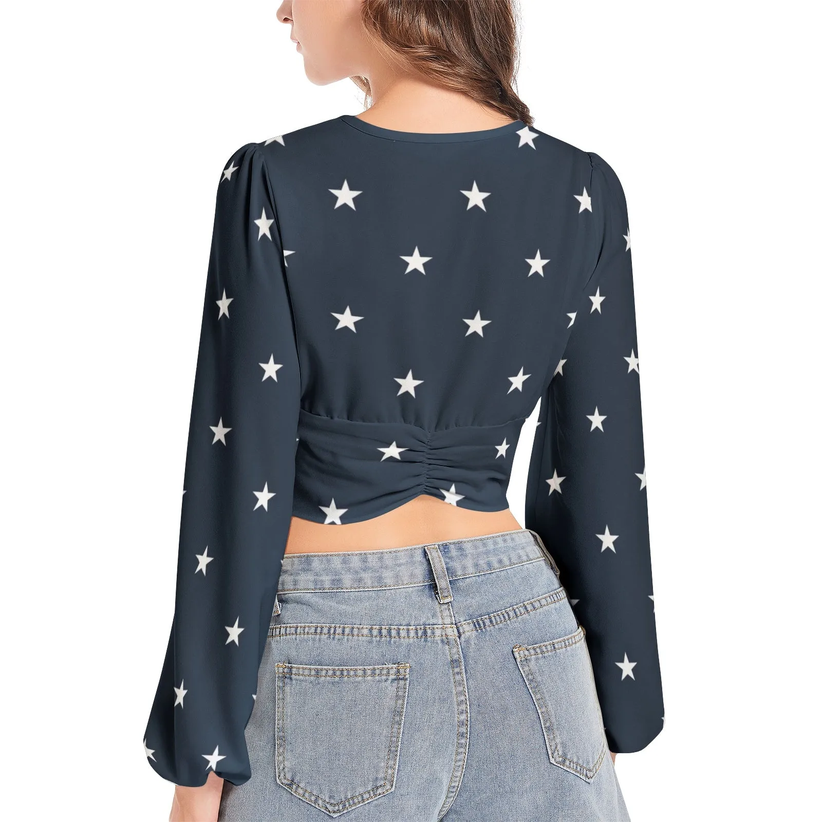 All Stars Women's Deep V-Neck Lantern Sleeve Crop Top