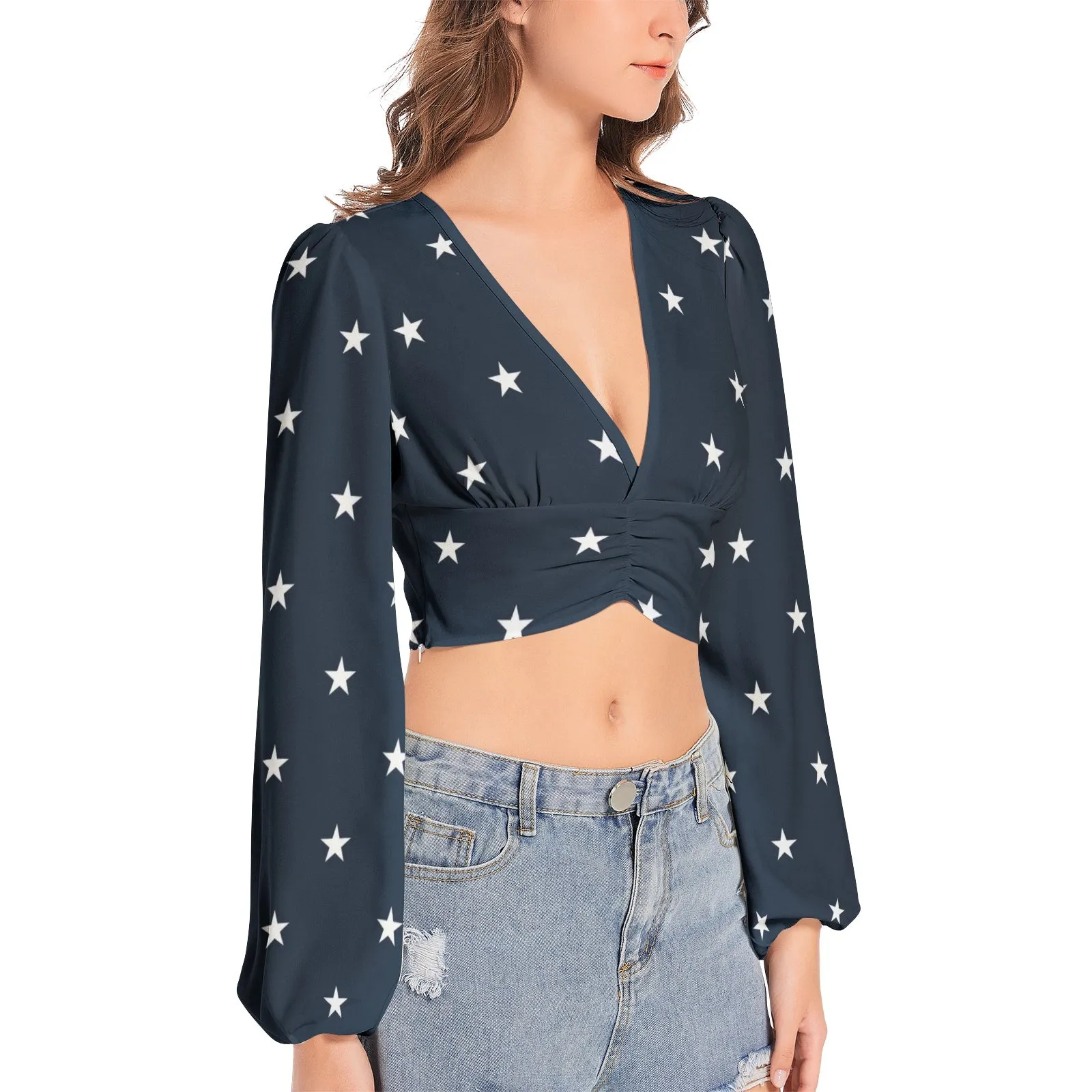 All Stars Women's Deep V-Neck Lantern Sleeve Crop Top