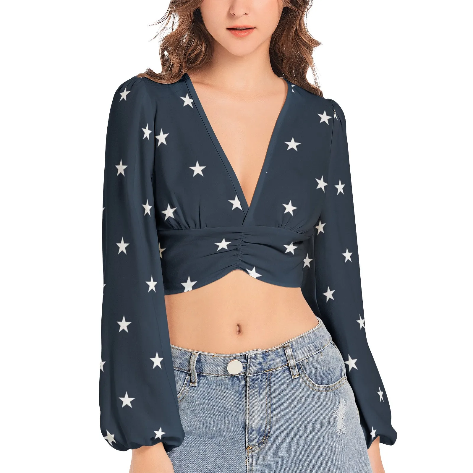 All Stars Women's Deep V-Neck Lantern Sleeve Crop Top