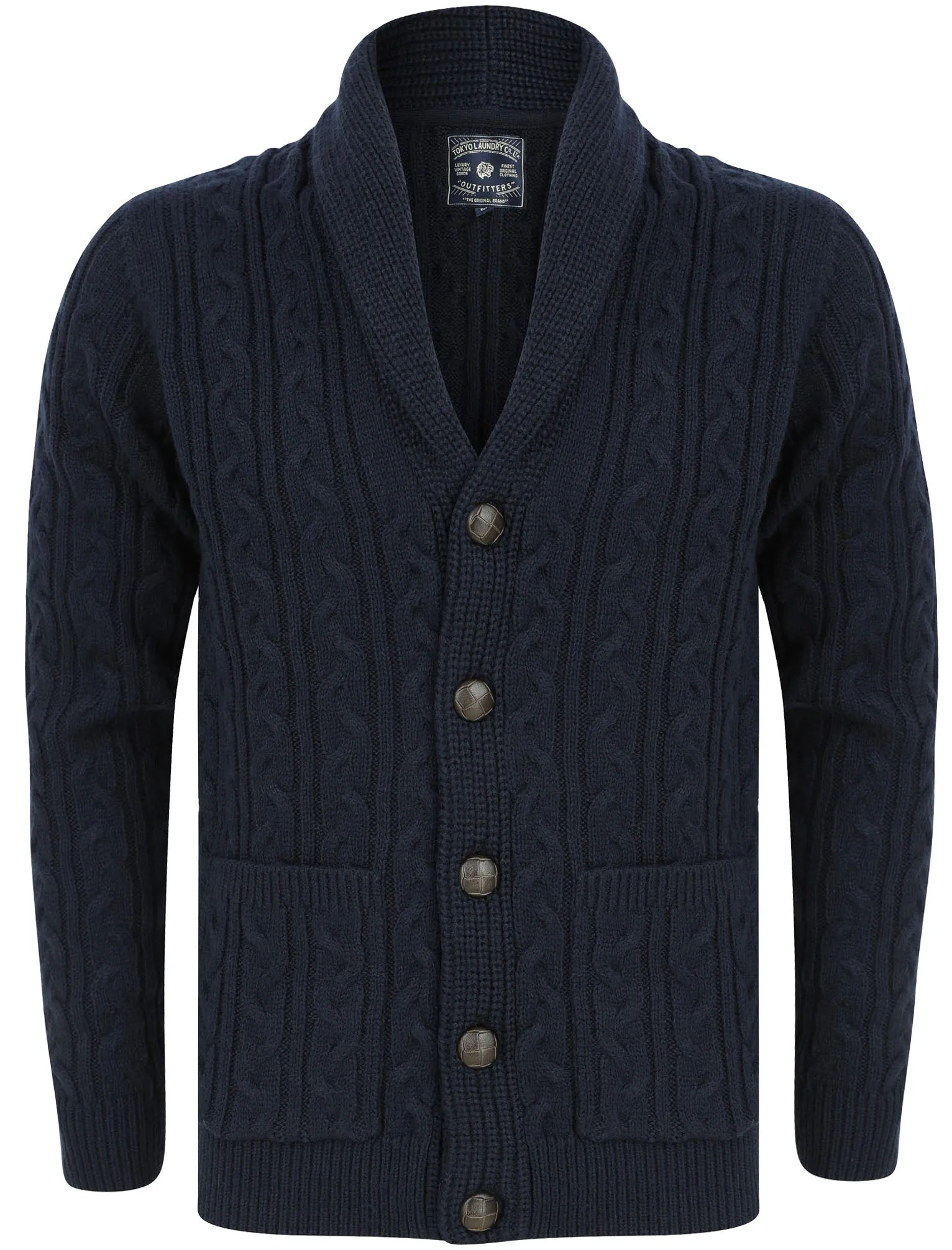 Andromeda Cable Knitted Wool Blend Cardigan with Shawl Collar In Sky Captain Navy - Tokyo Laundry