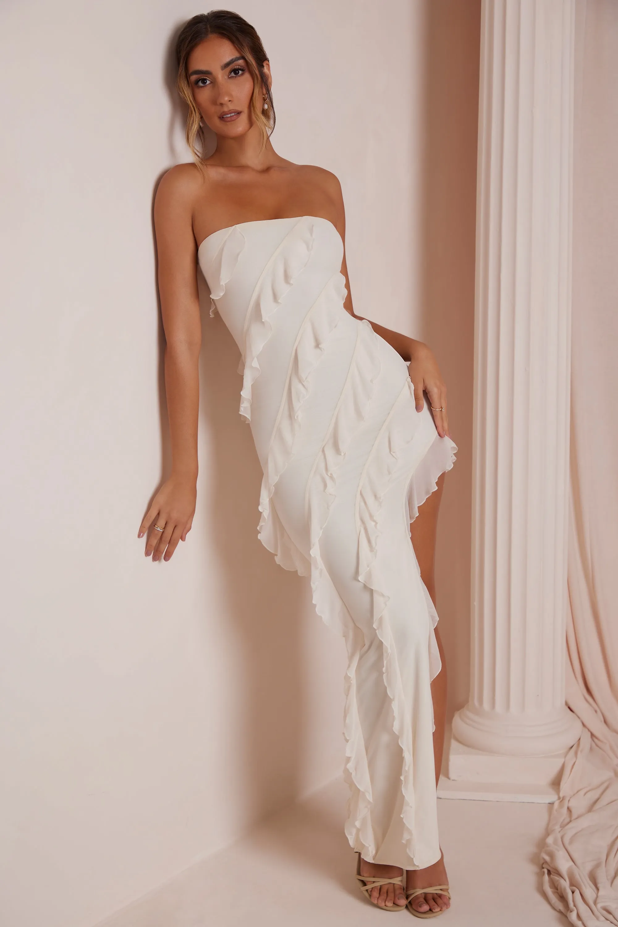 Bandeau Ruffle Detail Maxi Dress in Ivory