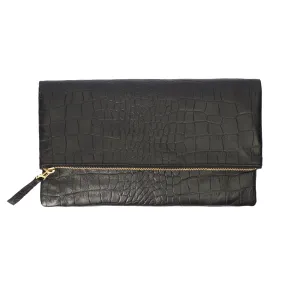 Black Crocodile Embossed-Foldover Clutch