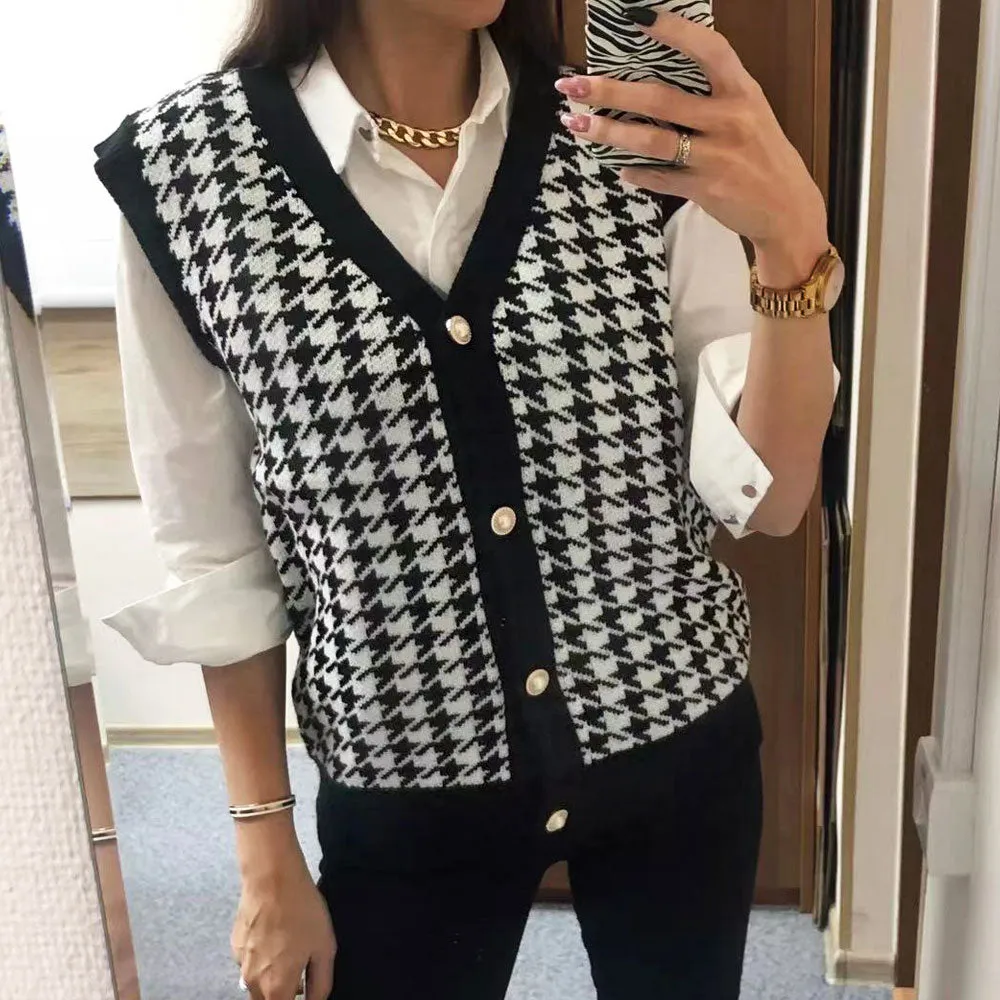 Classic Black Houndstooth Jacquard Knit Button Up Sweater Vest