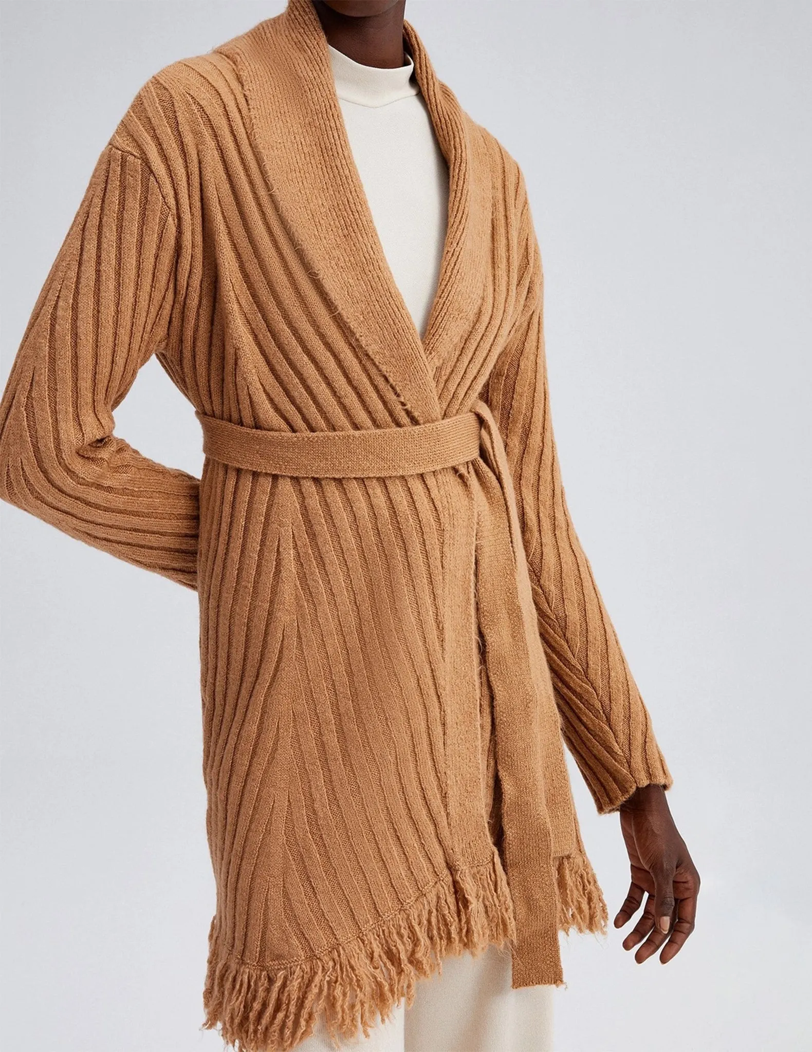 Dasha Cashew Belted Fringe Cardigan