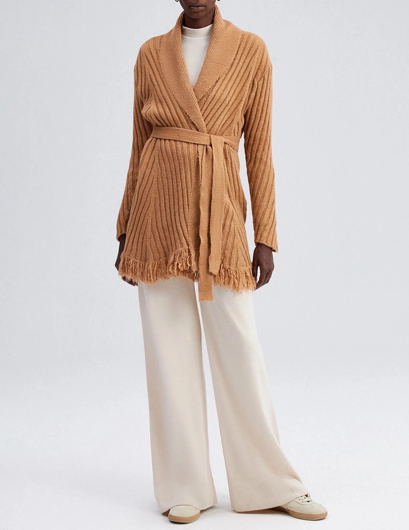 Dasha Cashew Belted Fringe Cardigan