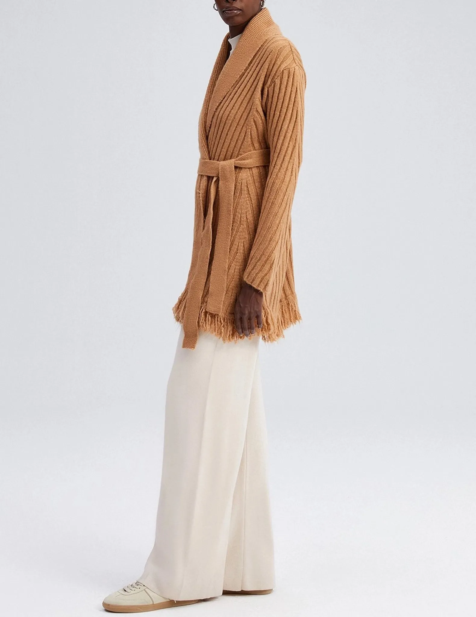 Dasha Cashew Belted Fringe Cardigan