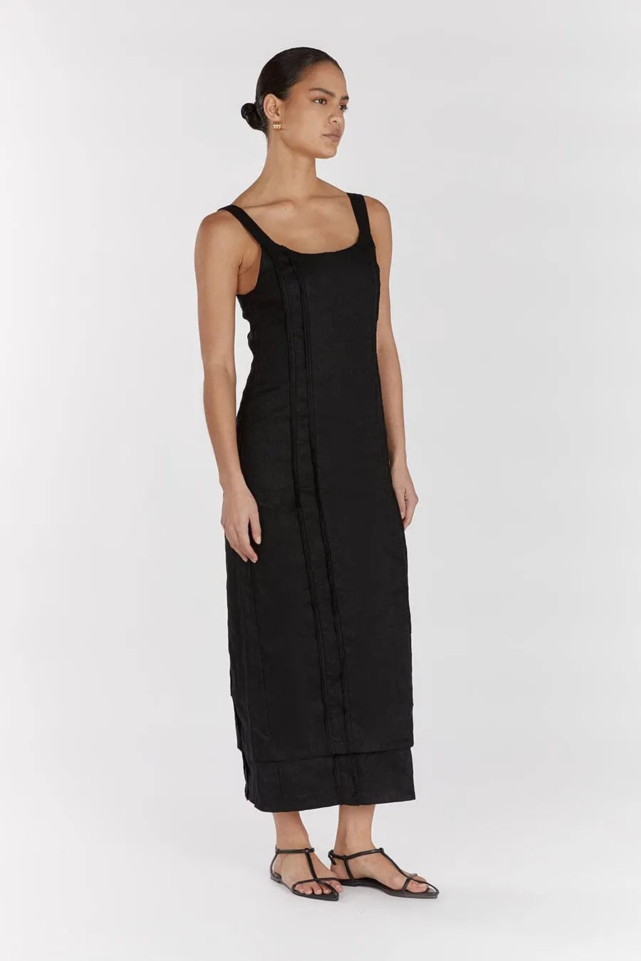 DULCE BLACK LINEN MIDI DRESS