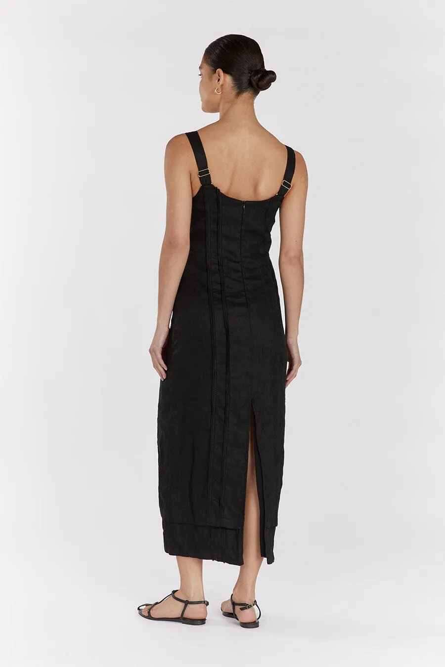 DULCE BLACK LINEN MIDI DRESS