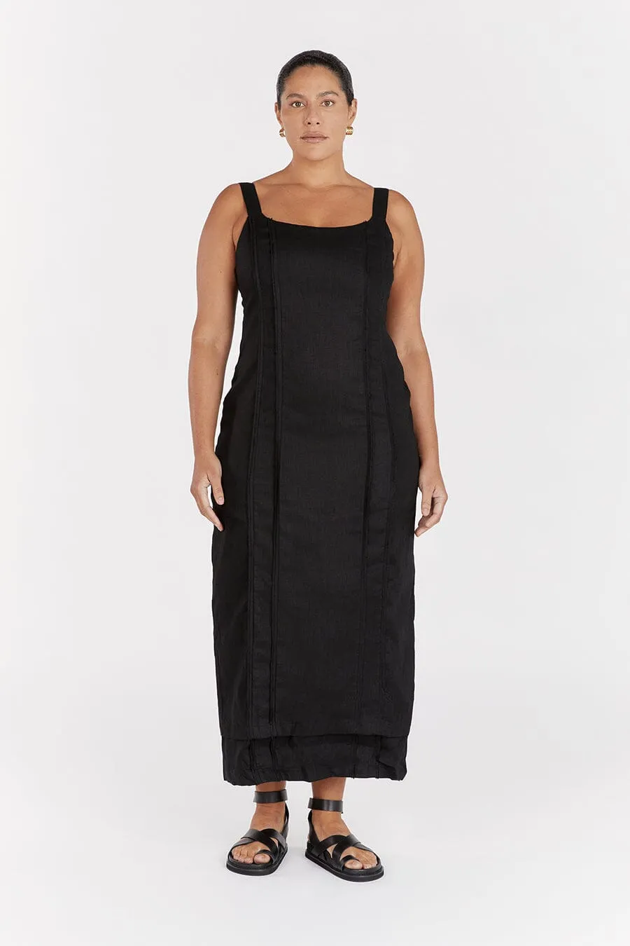 DULCE BLACK LINEN MIDI DRESS