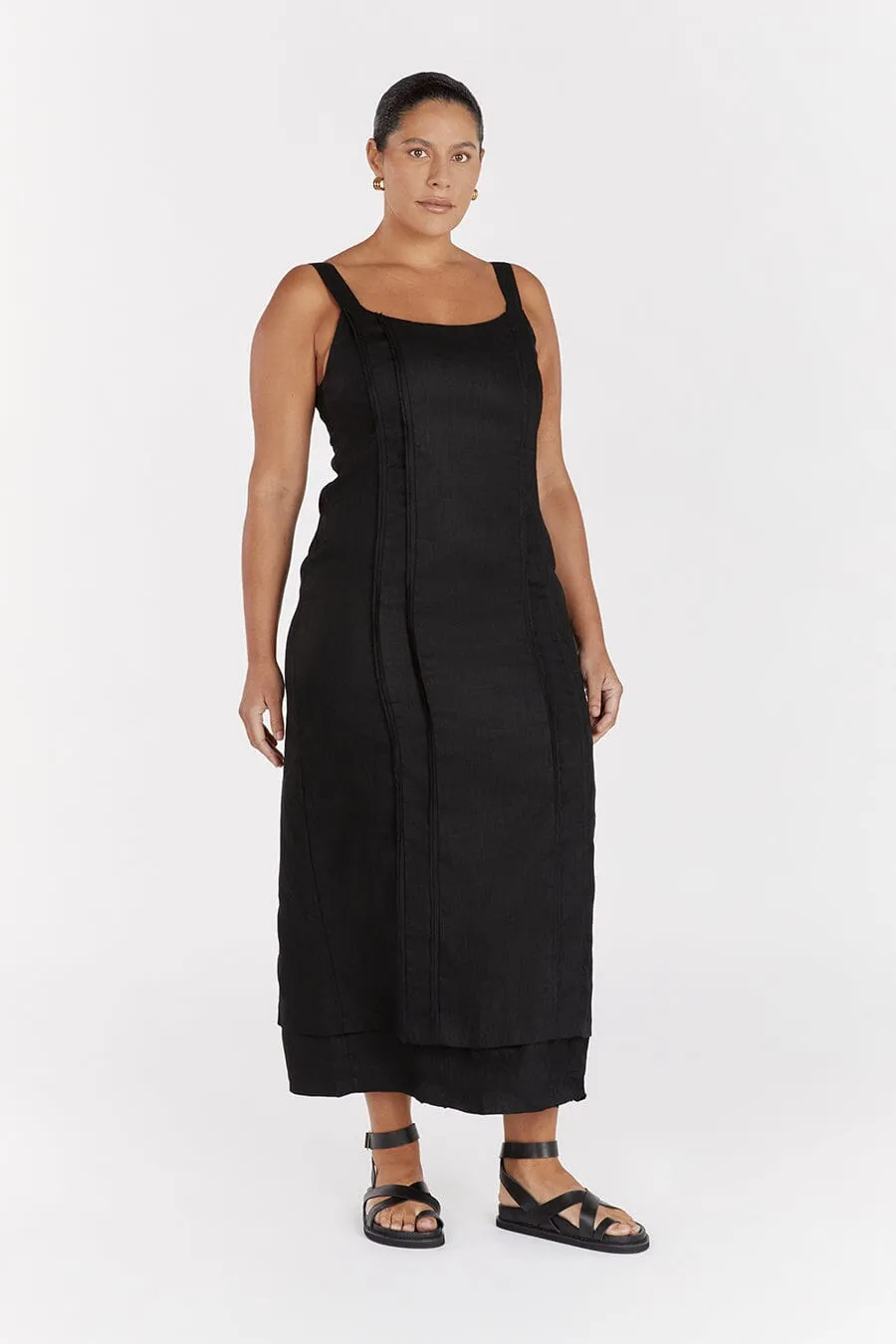 DULCE BLACK LINEN MIDI DRESS