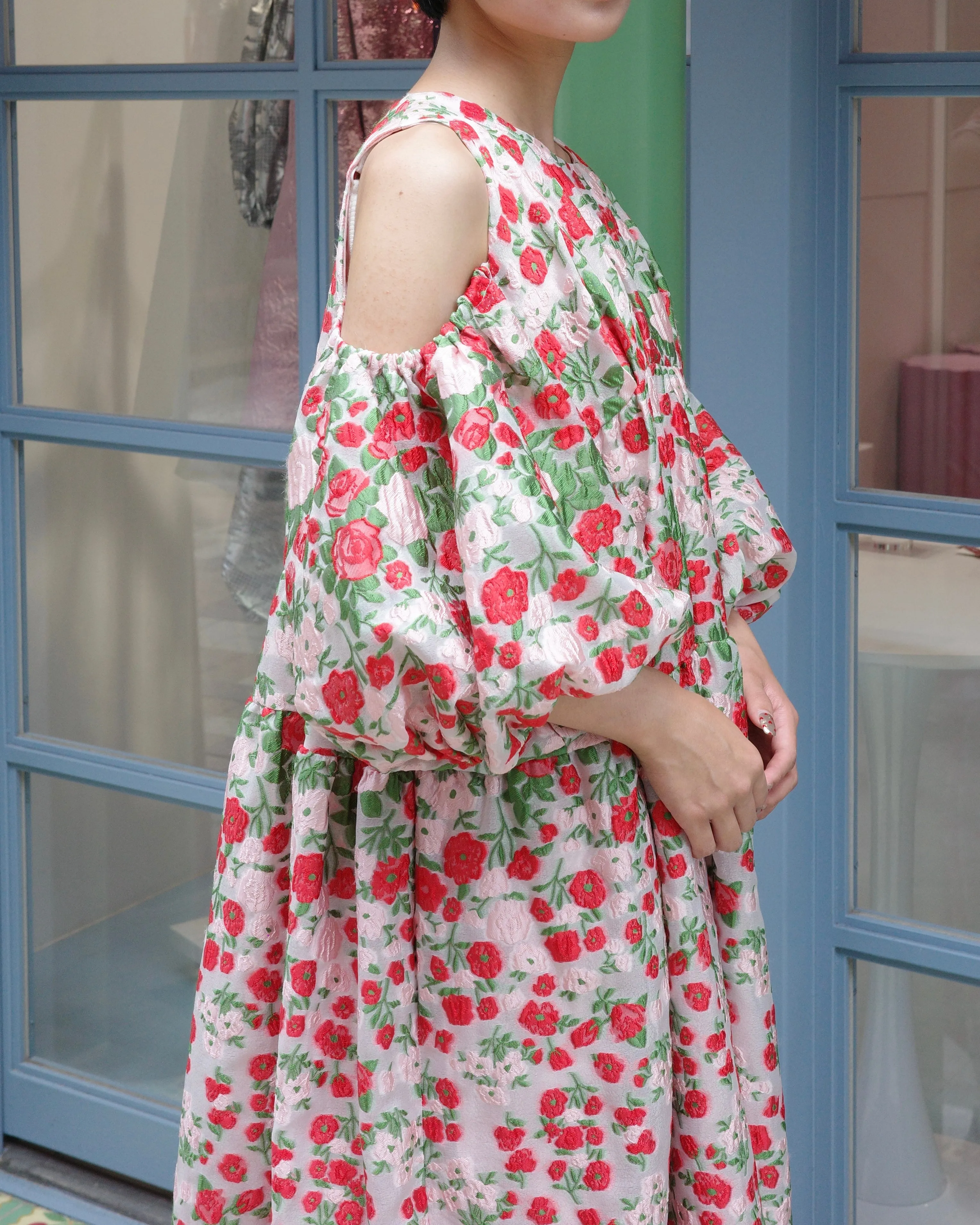 flower jacquard off shoulder dress