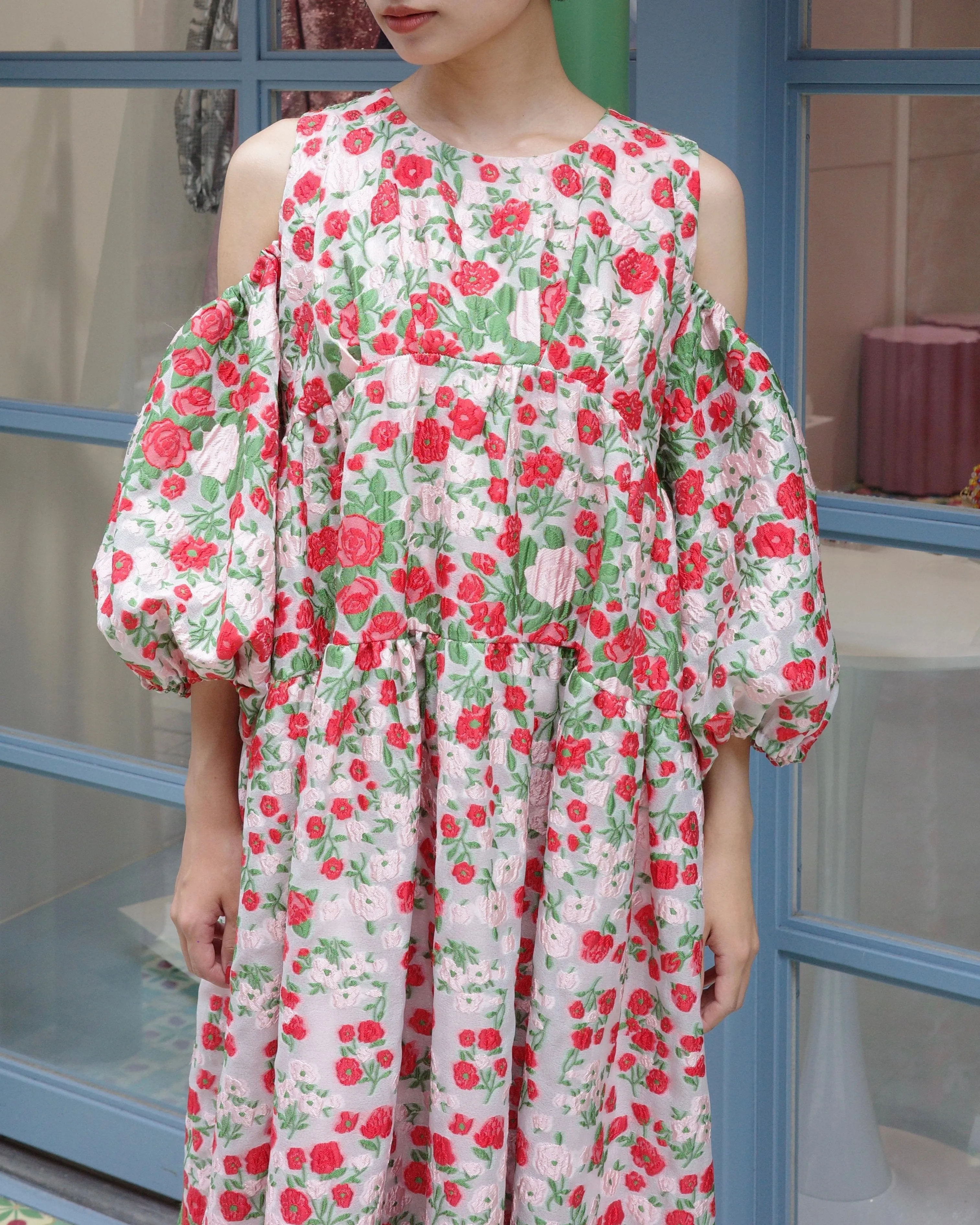 flower jacquard off shoulder dress