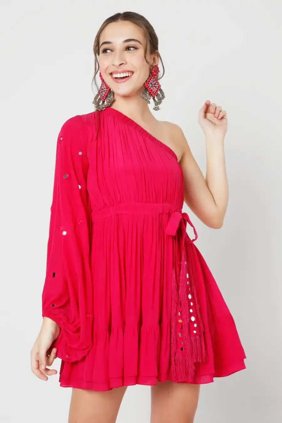 Fuchsia One Shoulder Dress With Mirror Work