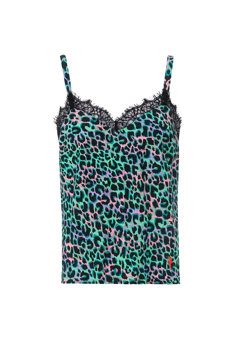 Green with Pink and Black Shadow Leopard Lace Trim Cami Top