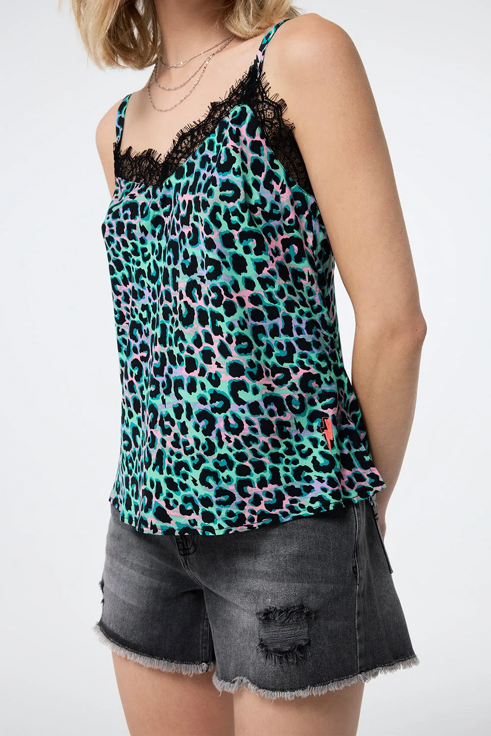 Green with Pink and Black Shadow Leopard Lace Trim Cami Top