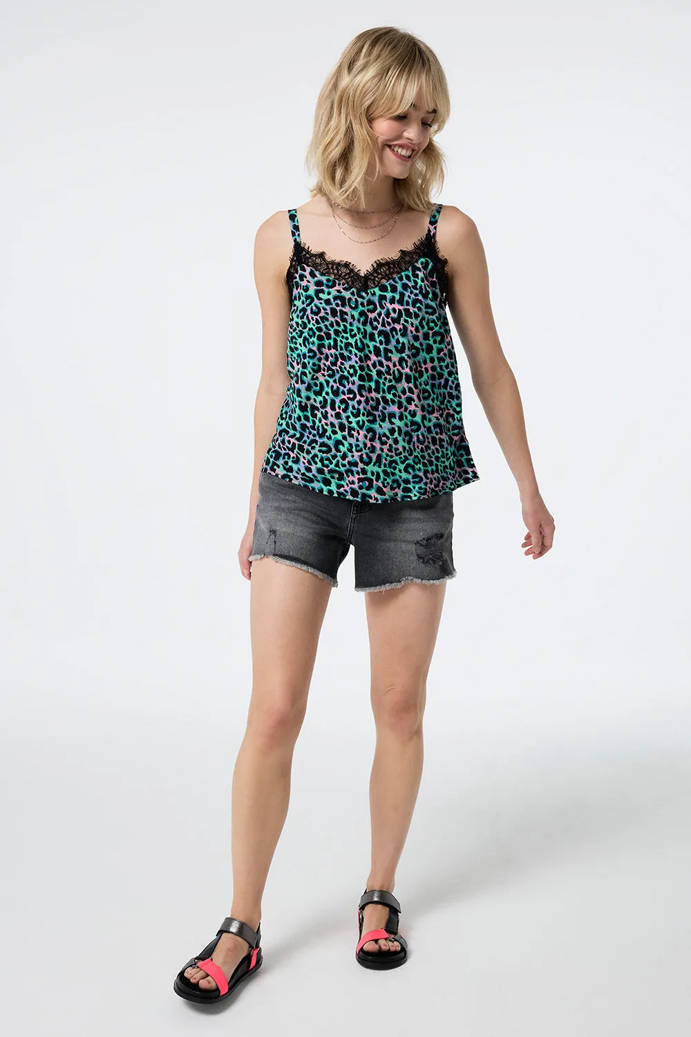 Green with Pink and Black Shadow Leopard Lace Trim Cami Top