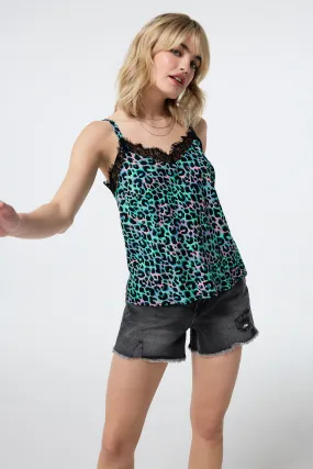 Green with Pink and Black Shadow Leopard Lace Trim Cami Top