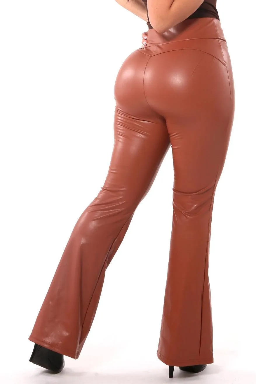 High Waist Sculpting PU Faux Leather Flare Pants - Camel