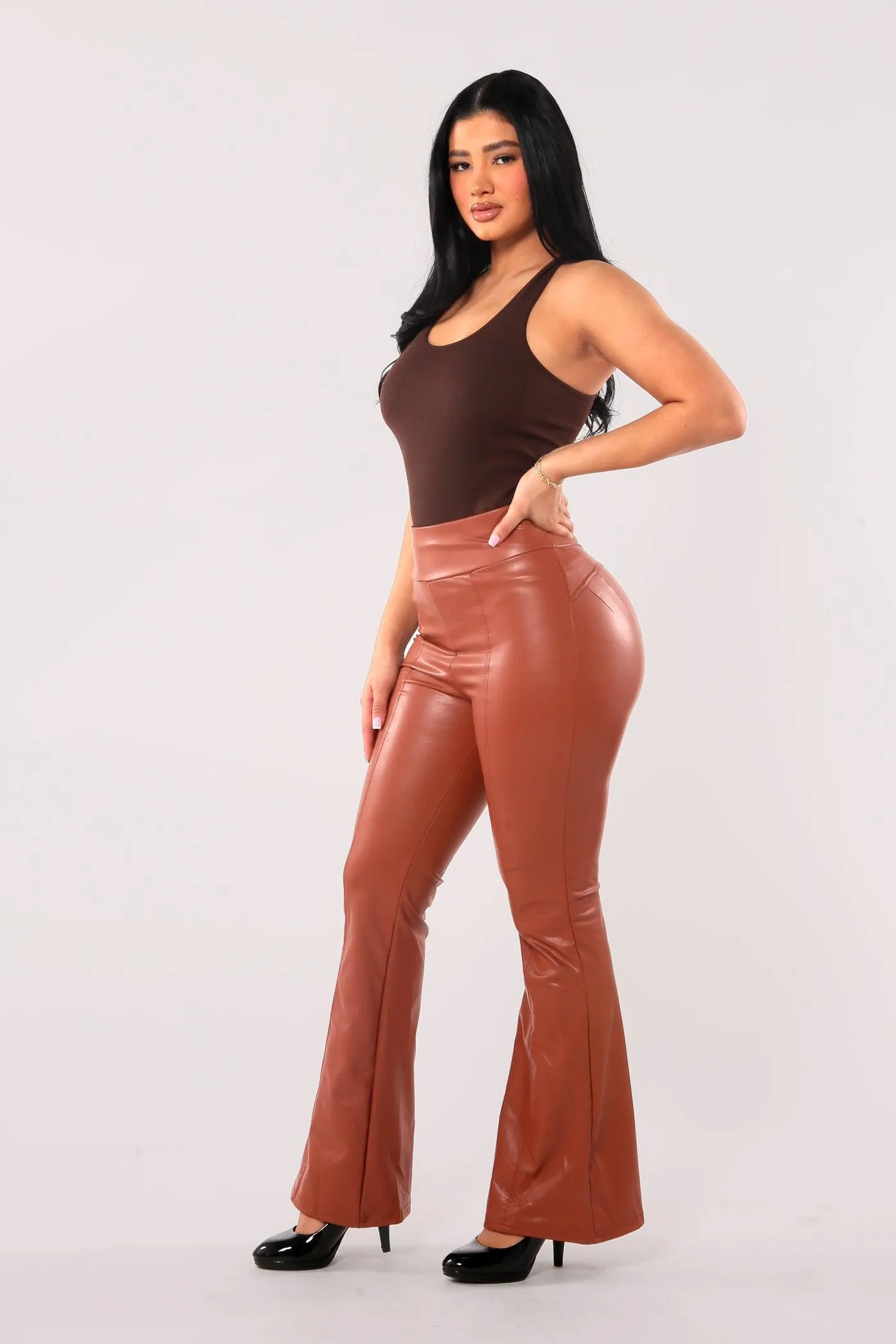 High Waist Sculpting PU Faux Leather Flare Pants - Camel