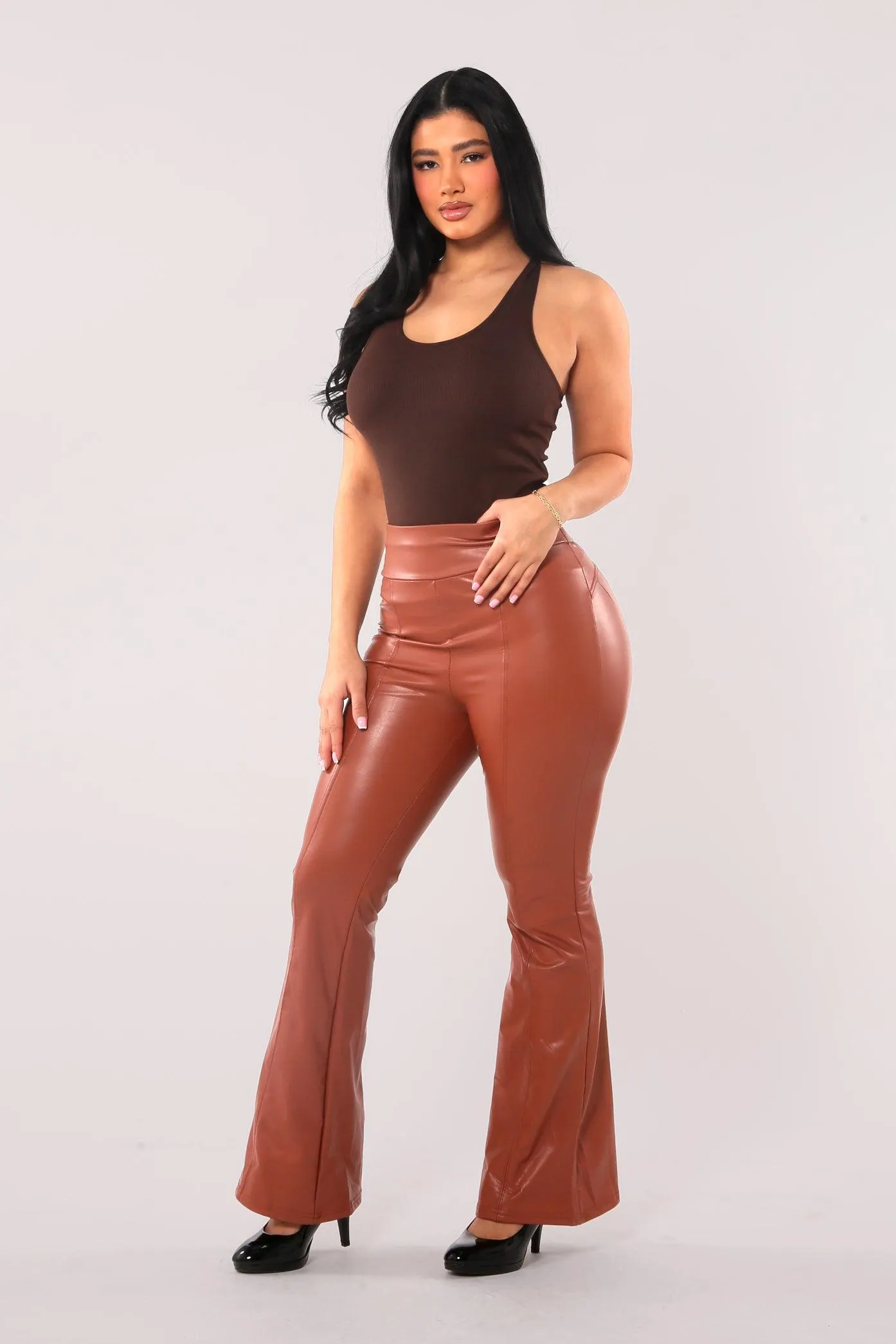 High Waist Sculpting PU Faux Leather Flare Pants - Camel