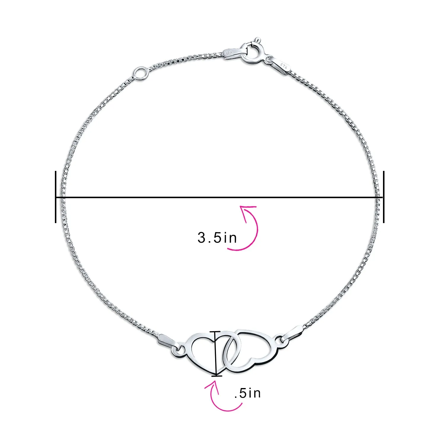 Interlocking Bow Hearts Anklet Ankle Bracelet .925 Sterling Silver