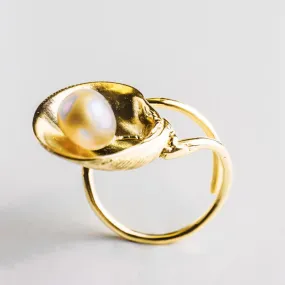 Master clam with big pearl - adjustable ring - silver 925 - gold plated