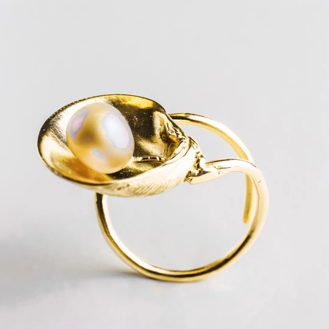 Master clam with big pearl - adjustable ring - silver 925 - gold plated