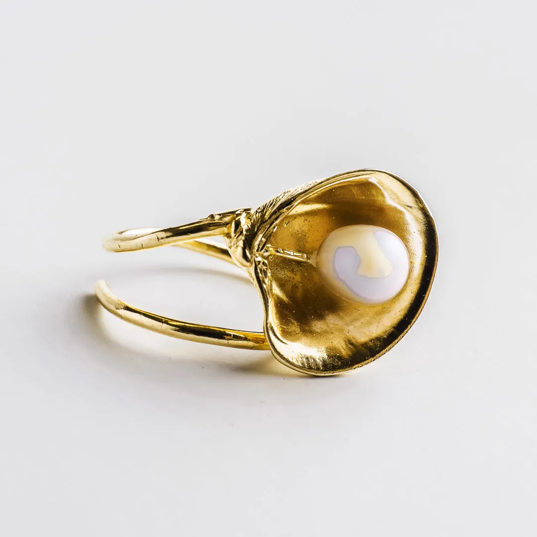 Master clam with big pearl - adjustable ring - silver 925 - gold plated