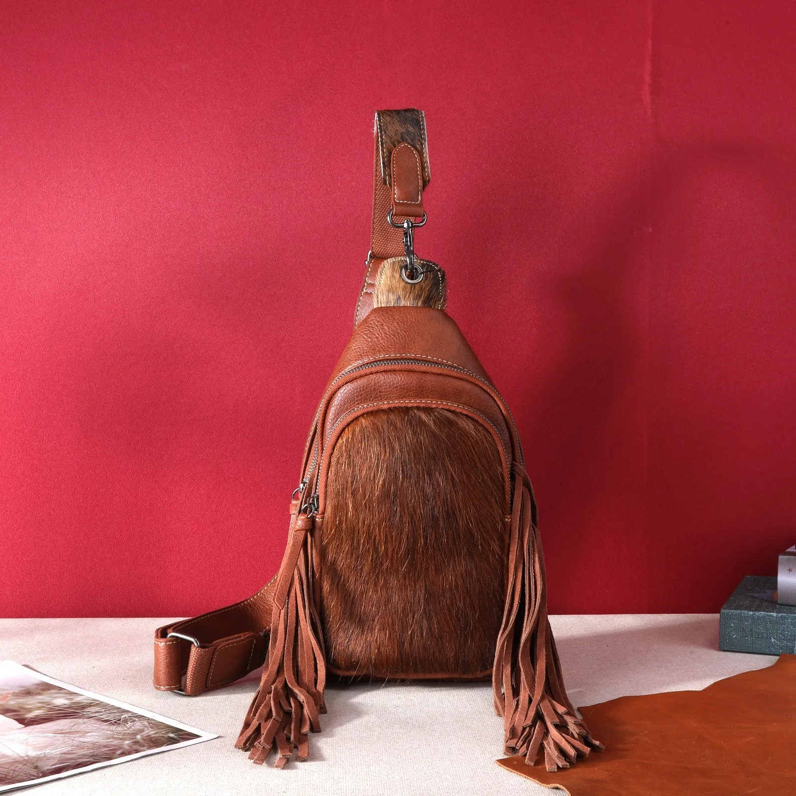 MW1239-S9110   Montana West Genuine Hair-On Cowhide Fringe Sling Bag