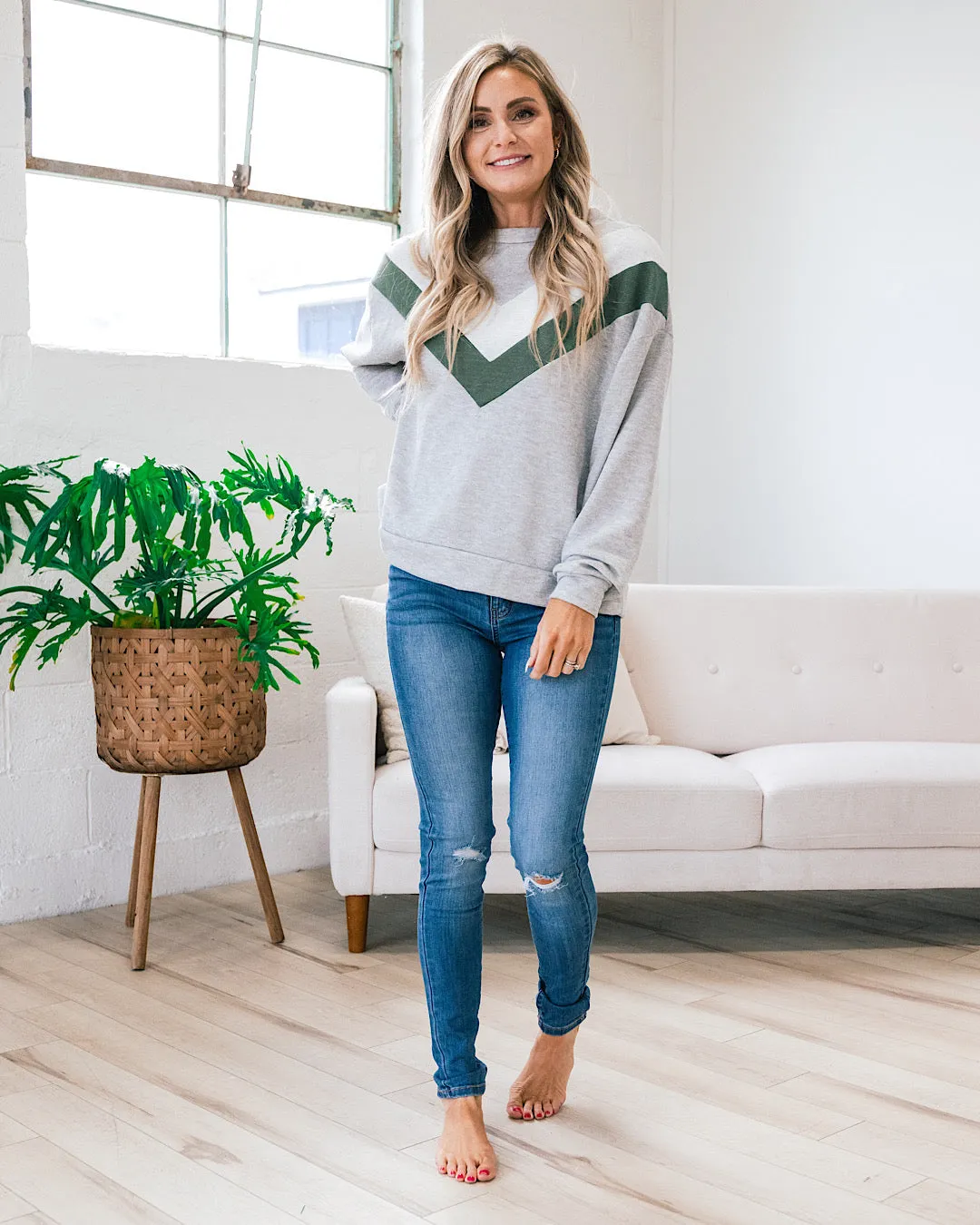 Pam Heather Gray and Green V Detail Sweatshirt