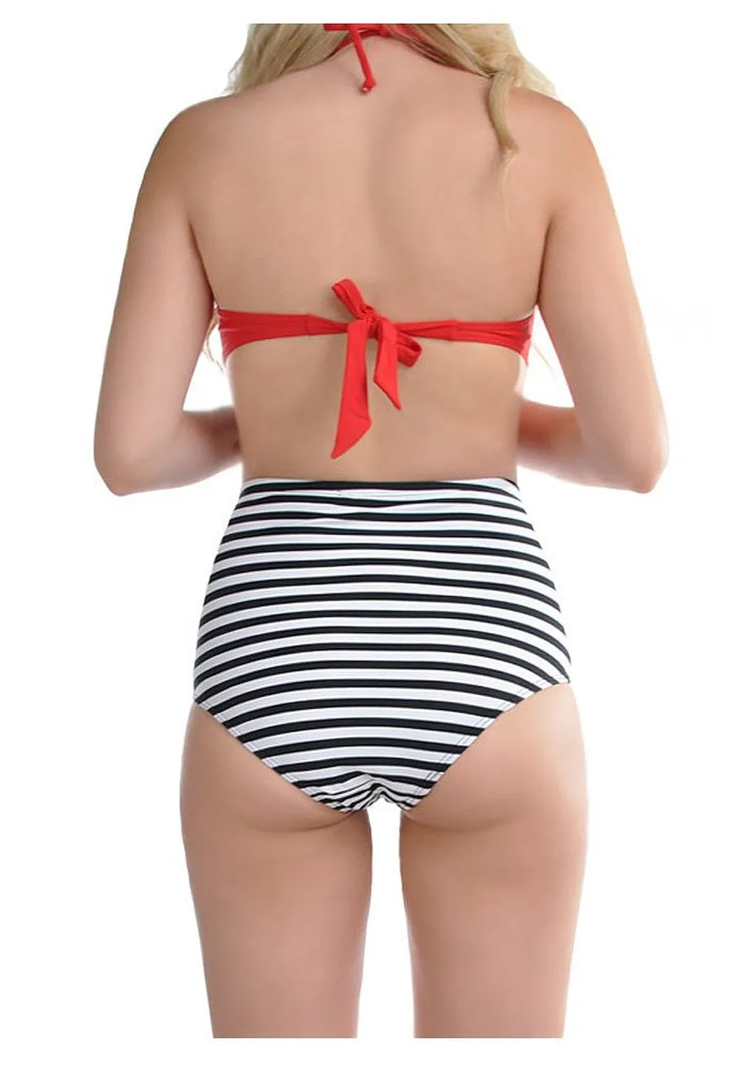 Red Striped High Waisted Halter Bandeau Two Piece Bikini Swimsuit