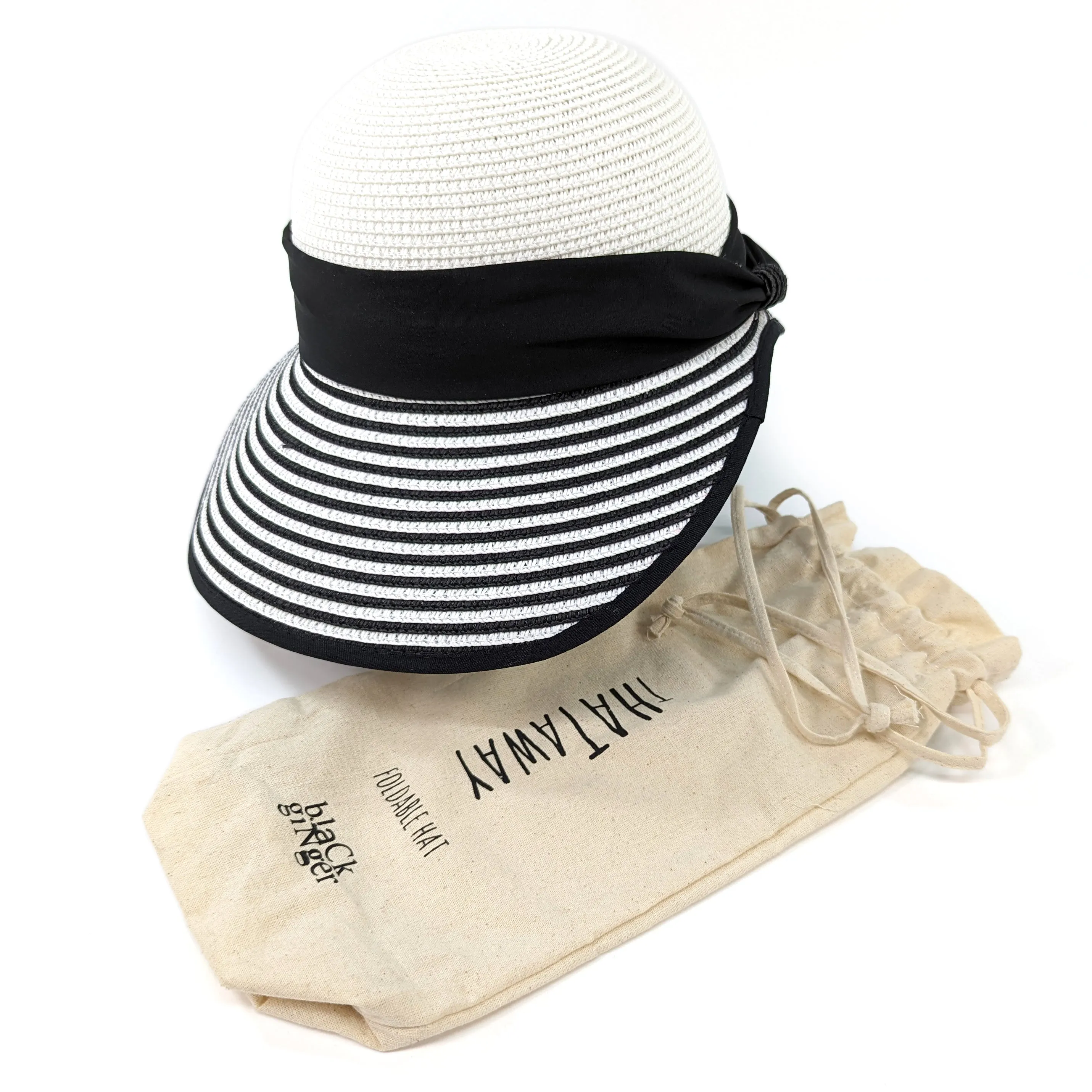 Stripey Open Back Foldable Hat - Black & White