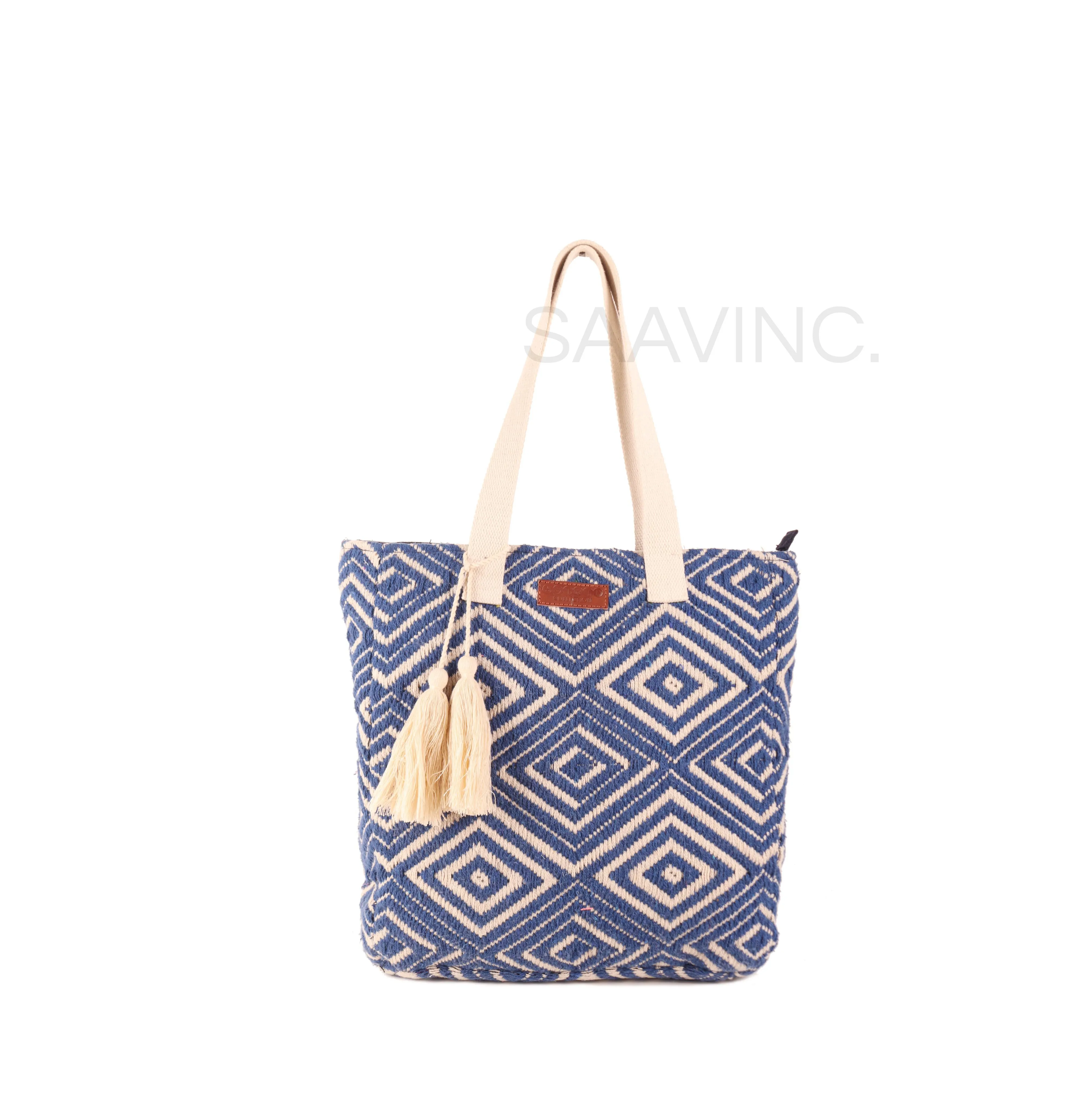 Women Blue Diamond Shopper Bag With Tassels