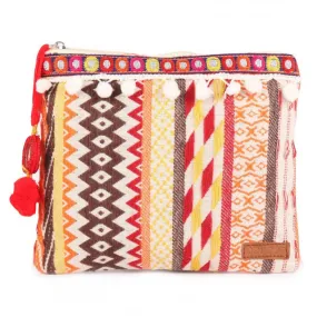 Womens Cream With Red Colour Multi Pattern Makeup/Travel Pouch With Tassels