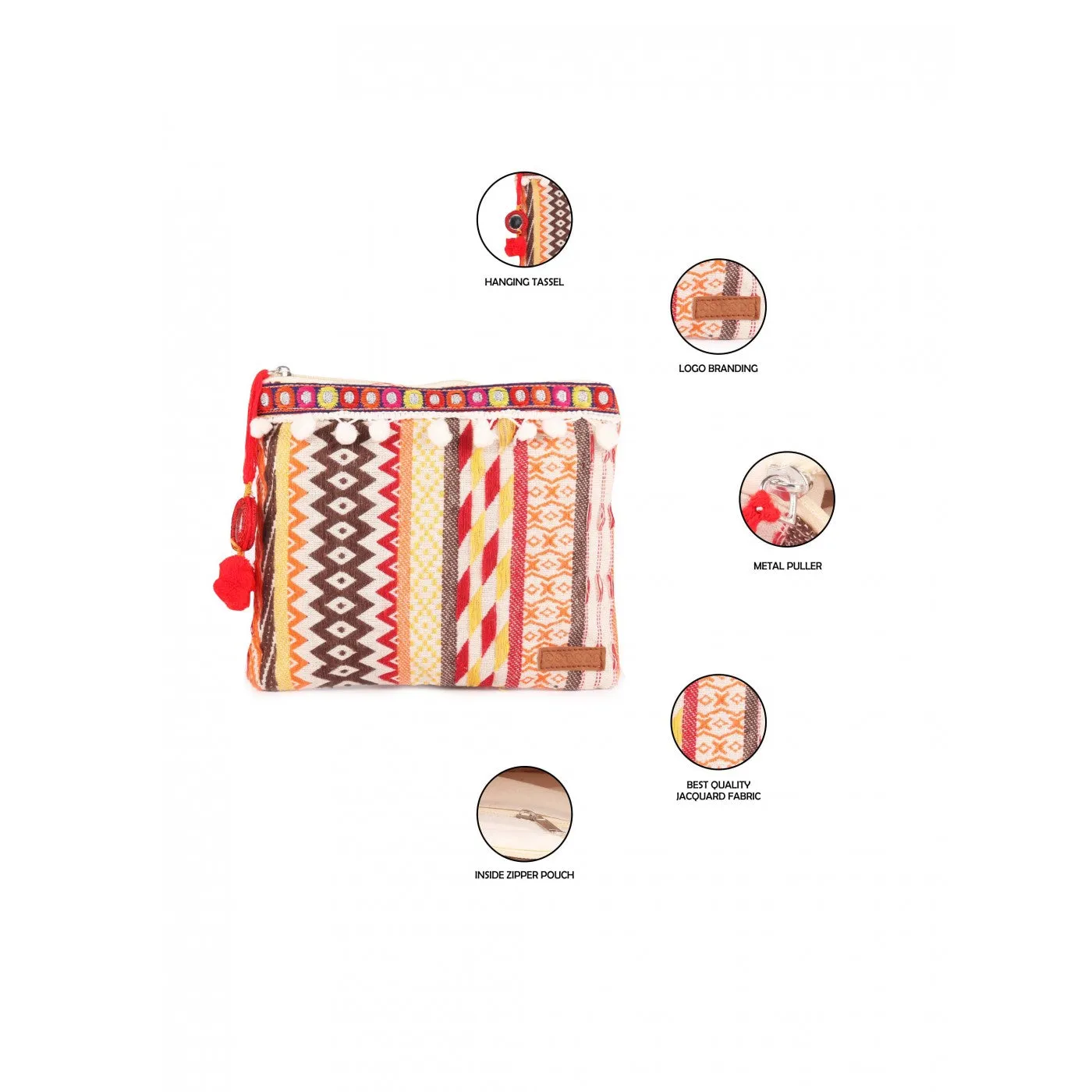 Womens Cream With Red Colour Multi Pattern Makeup/Travel Pouch With Tassels