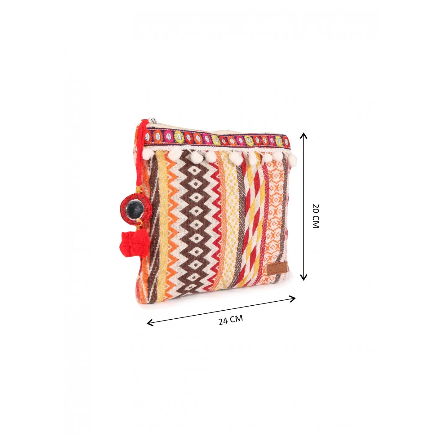 Womens Cream With Red Colour Multi Pattern Makeup/Travel Pouch With Tassels