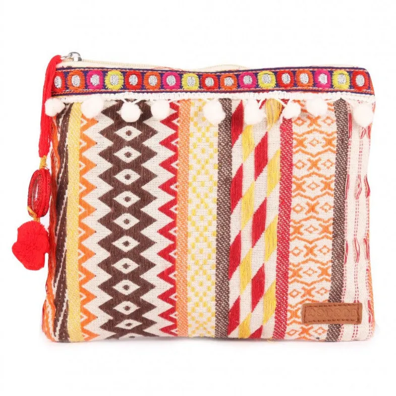 Womens Cream With Red Colour Multi Pattern Makeup/Travel Pouch With Tassels